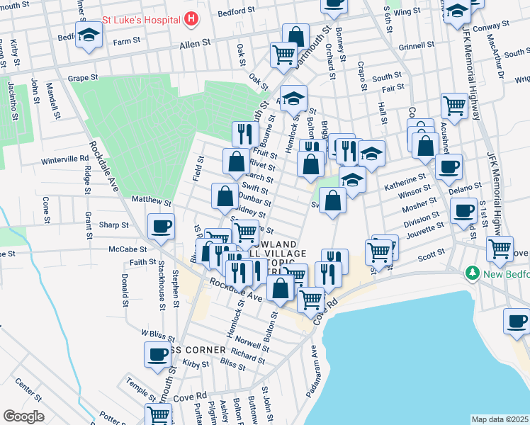 map of restaurants, bars, coffee shops, grocery stores, and more near 168 Hemlock Street in New Bedford