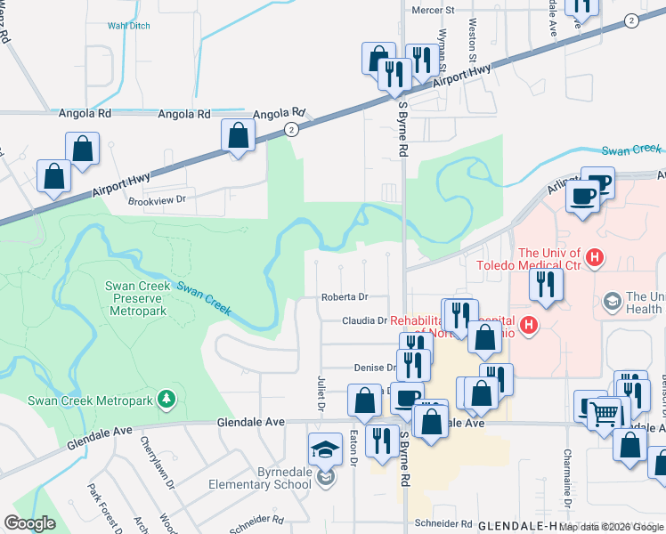 map of restaurants, bars, coffee shops, grocery stores, and more near 1213 Juliet Drive in Toledo