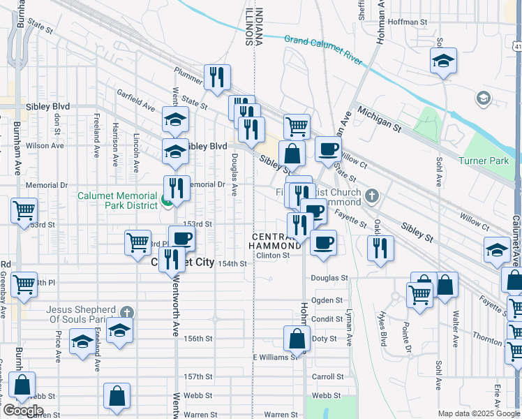 map of restaurants, bars, coffee shops, grocery stores, and more near 5243 State Line Avenue in Hammond