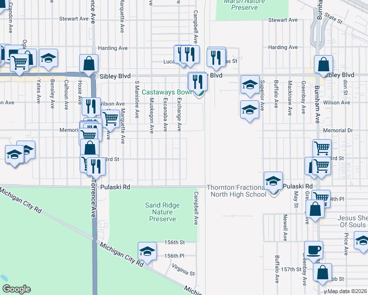 map of restaurants, bars, coffee shops, grocery stores, and more near 618 Exchange Avenue in Calumet City