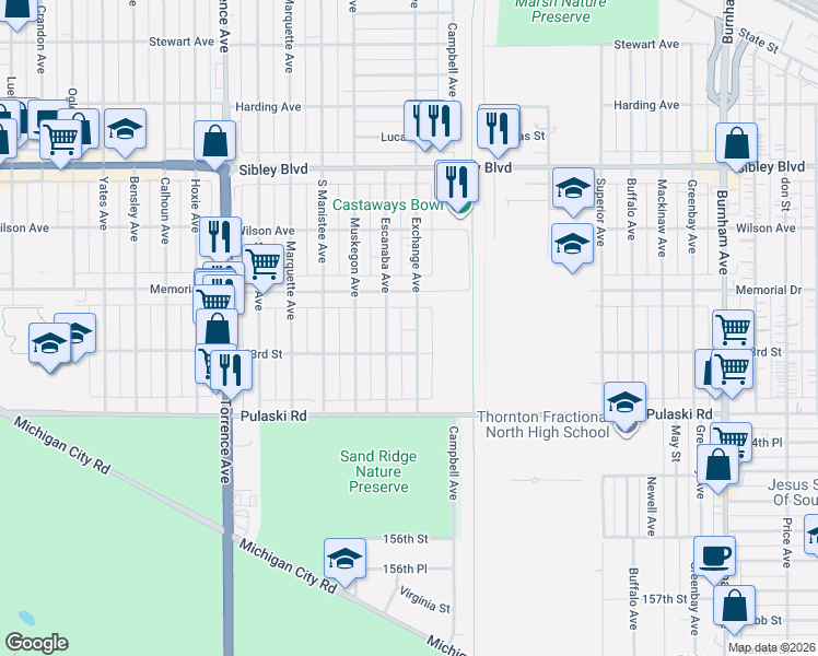 map of restaurants, bars, coffee shops, grocery stores, and more near 618 Exchange Avenue in Calumet City