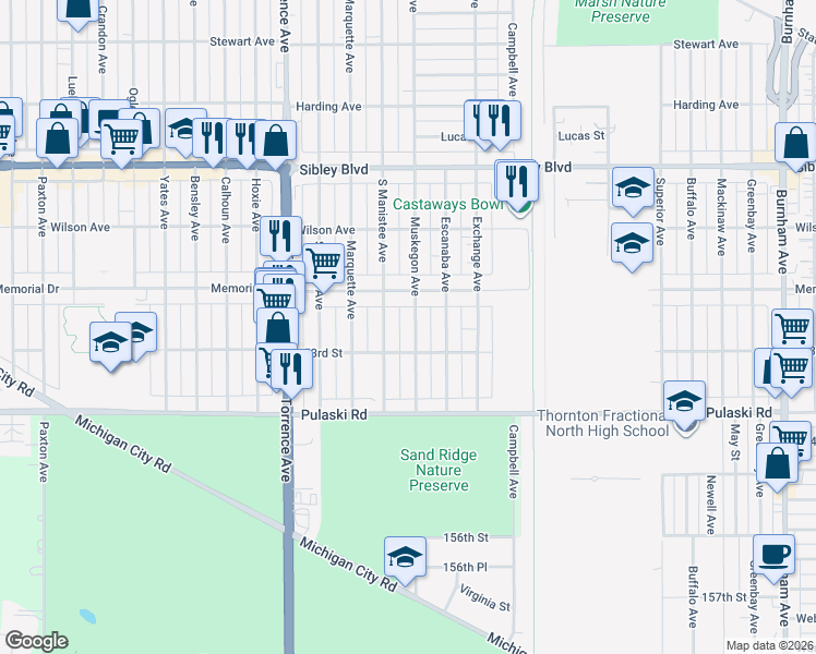 map of restaurants, bars, coffee shops, grocery stores, and more near 619 South Manistee Avenue in Calumet City