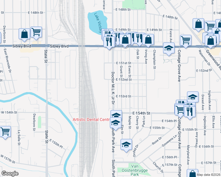 map of restaurants, bars, coffee shops, grocery stores, and more near 15242 Doctor Martin Luther King Junior Drive in Dolton