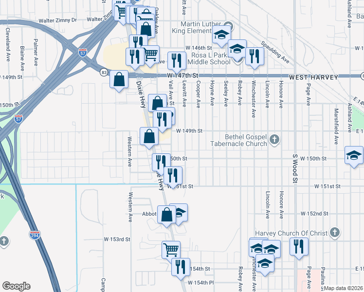 map of restaurants, bars, coffee shops, grocery stores, and more near 241 West 150th Street in Harvey