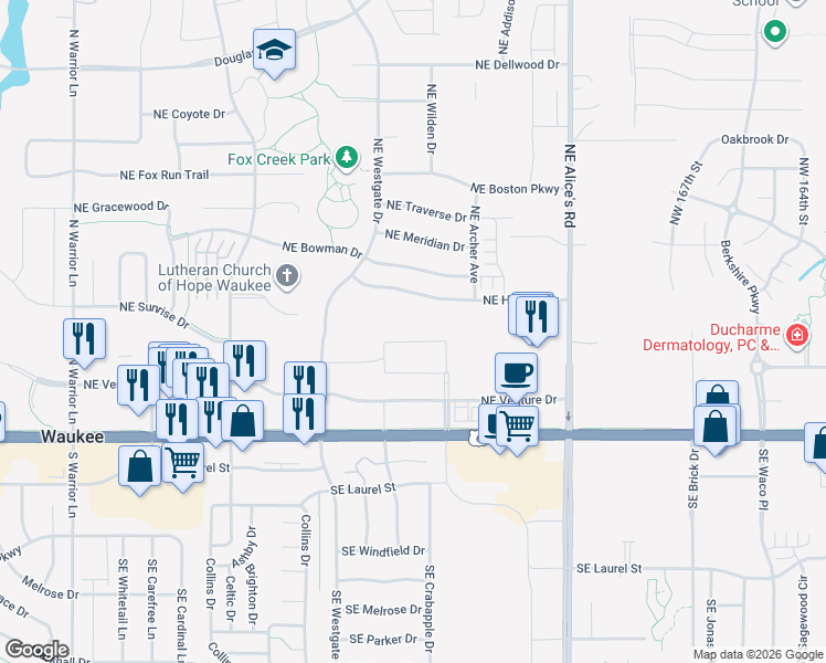 map of restaurants, bars, coffee shops, grocery stores, and more near Raccoon River Valley Trail in Waukee