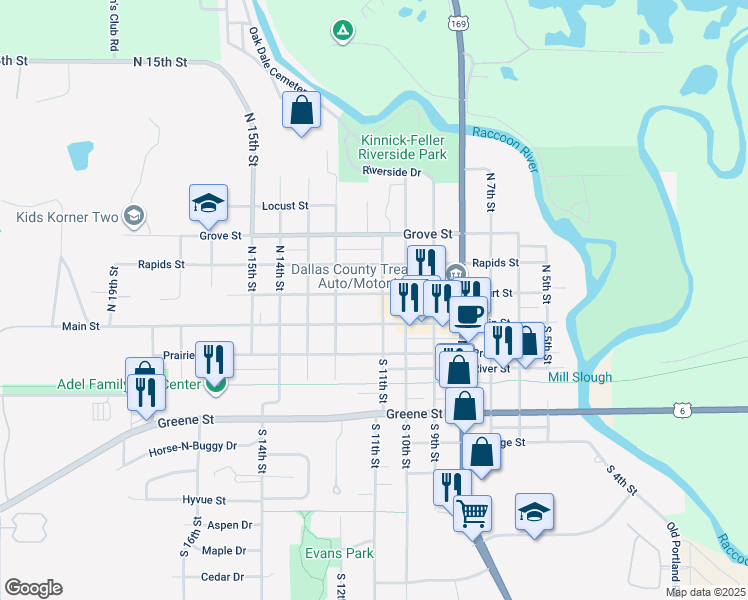map of restaurants, bars, coffee shops, grocery stores, and more near 1108 Main Street in Adel