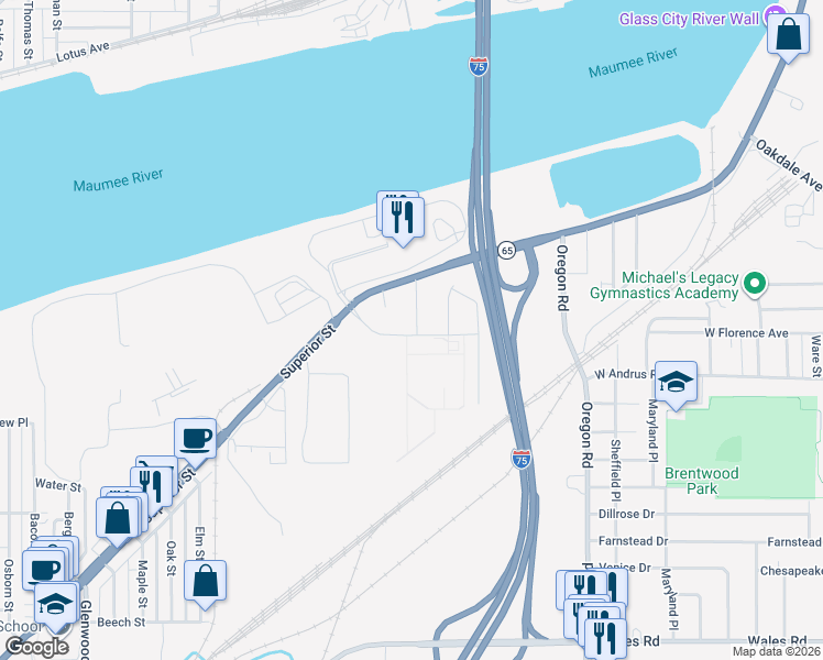 map of restaurants, bars, coffee shops, grocery stores, and more near 1766 Selkirk St in Toledo