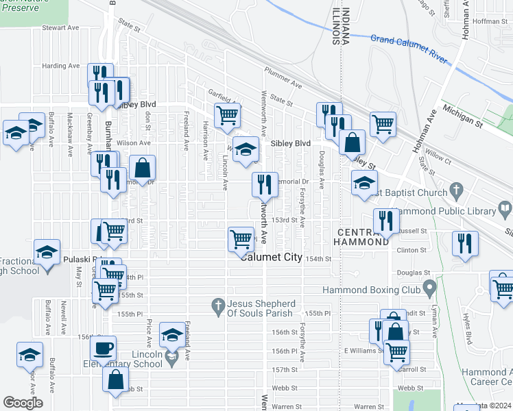 map of restaurants, bars, coffee shops, grocery stores, and more near 612 Wentworth Avenue in Calumet City