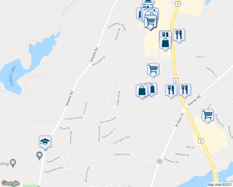 map of restaurants, bars, coffee shops, grocery stores, and more near 23 Edge Hill Road in Wappingers Falls