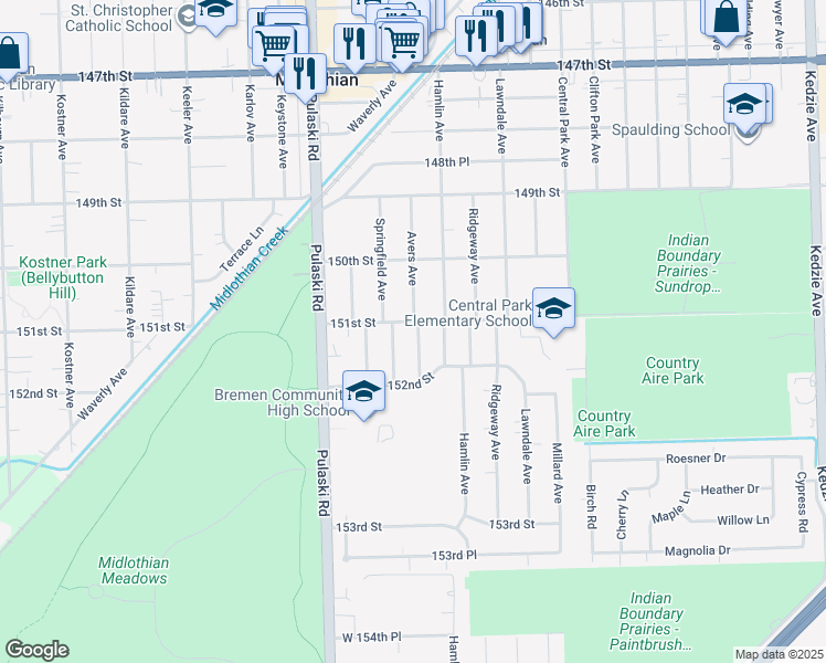 map of restaurants, bars, coffee shops, grocery stores, and more near 15128 Avers Avenue in Midlothian