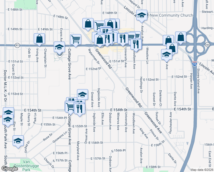 map of restaurants, bars, coffee shops, grocery stores, and more near 1013 East 153rd Street in South Holland