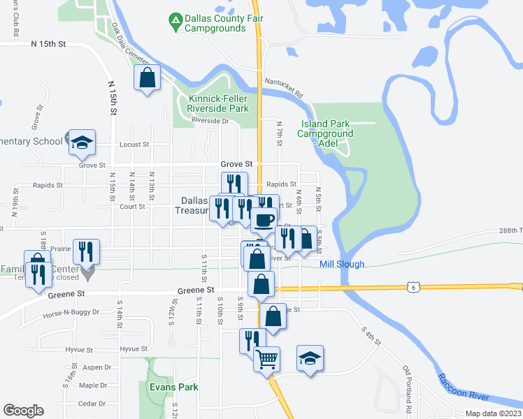 map of restaurants, bars, coffee shops, grocery stores, and more near 118 Nile Kinnick Dr N in Adel