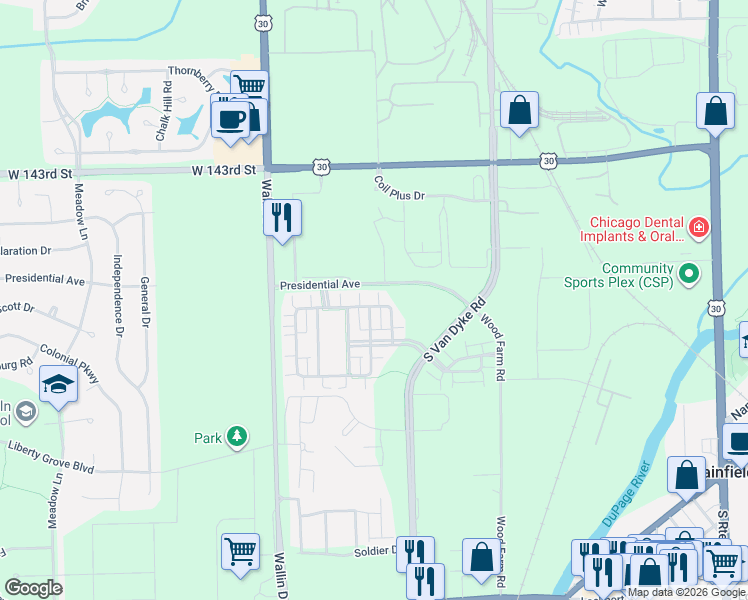 map of restaurants, bars, coffee shops, grocery stores, and more near 14515 Patriot Square Drive East in Plainfield