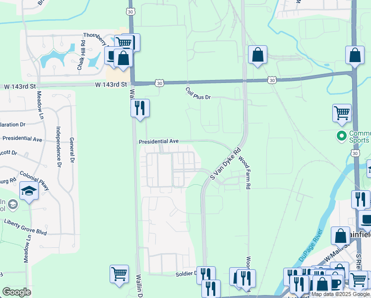 map of restaurants, bars, coffee shops, grocery stores, and more near 14515 Patriot Square Drive East in Plainfield