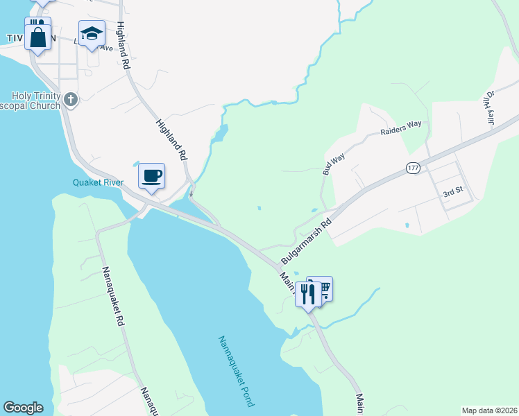 map of restaurants, bars, coffee shops, grocery stores, and more near 78 Old Bulgarmarsh Road in Tiverton