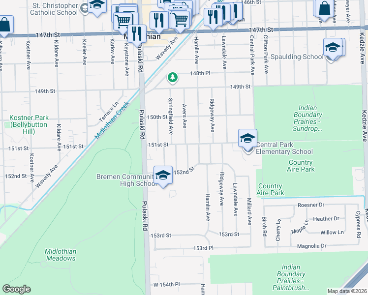 map of restaurants, bars, coffee shops, grocery stores, and more near 15100 Avers Avenue in Midlothian