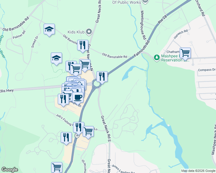 map of restaurants, bars, coffee shops, grocery stores, and more near in Mashpee