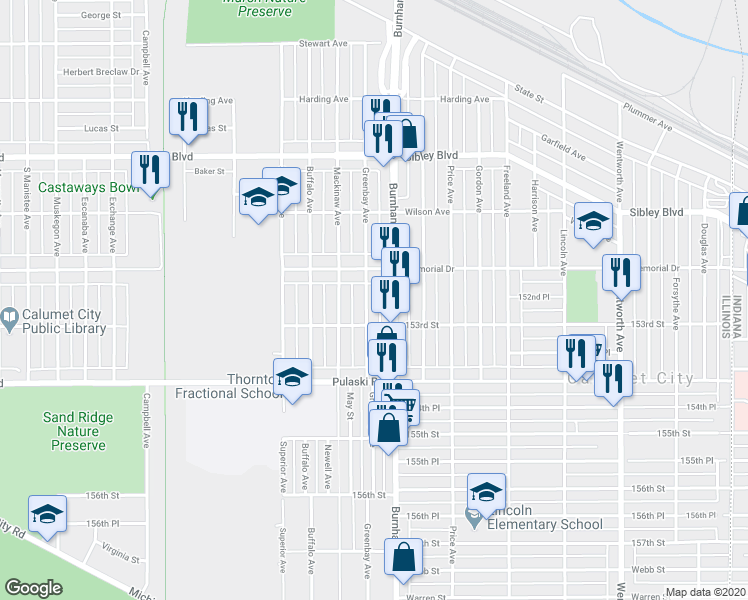 map of restaurants, bars, coffee shops, grocery stores, and more near 620 153rd Street in Calumet City