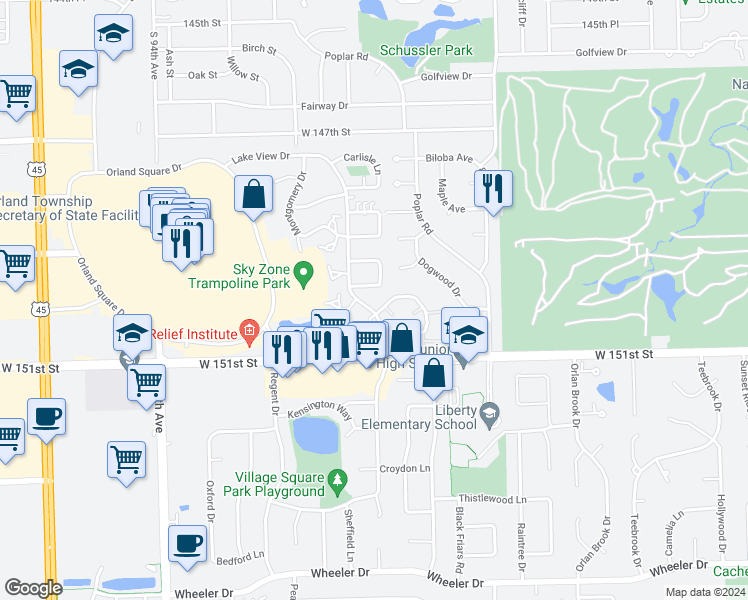 map of restaurants, bars, coffee shops, grocery stores, and more near 9113 Sandpiper Court in Orland Park