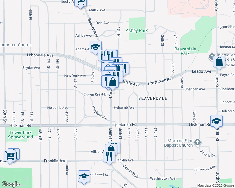 map of restaurants, bars, coffee shops, grocery stores, and more near 2520 40th Place in Des Moines