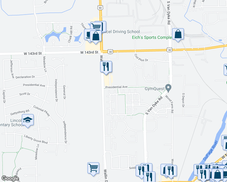 map of restaurants, bars, coffee shops, grocery stores, and more near 24714 George Washington Drive in Plainfield