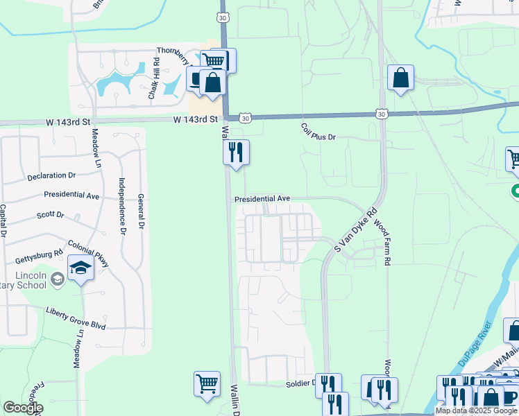 map of restaurants, bars, coffee shops, grocery stores, and more near 24704 George Washington Drive in Plainfield