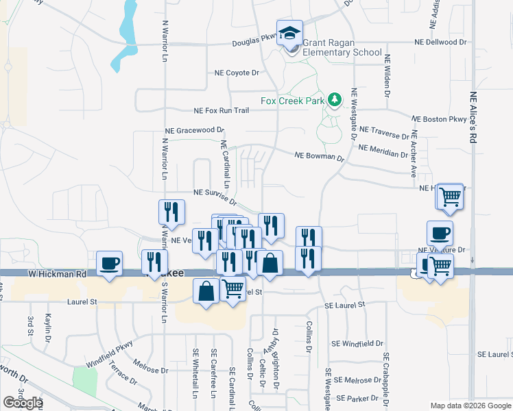map of restaurants, bars, coffee shops, grocery stores, and more near 310 Northeast Sunrise Drive in Waukee