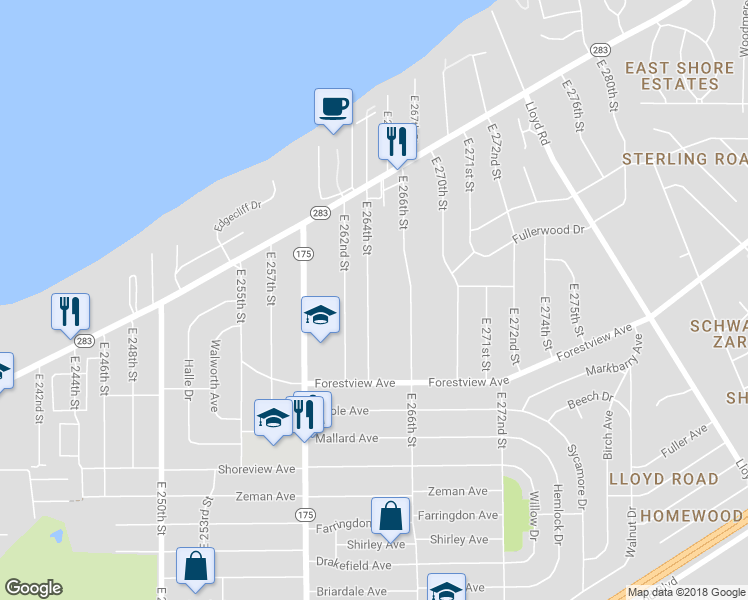 map of restaurants, bars, coffee shops, grocery stores, and more near 345 East 264th Street in Euclid