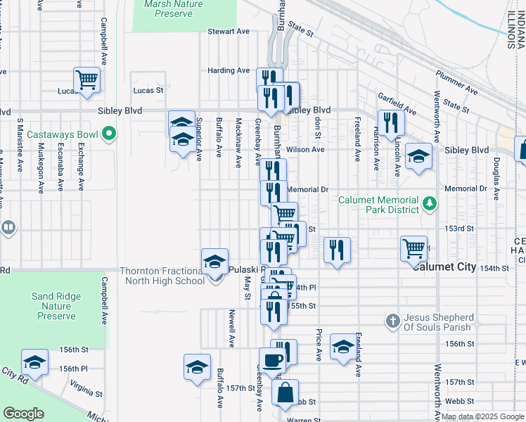 map of restaurants, bars, coffee shops, grocery stores, and more near 603 Greenbay Avenue in Calumet City