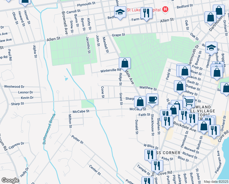 map of restaurants, bars, coffee shops, grocery stores, and more near 2 Anawan Street in Dartmouth