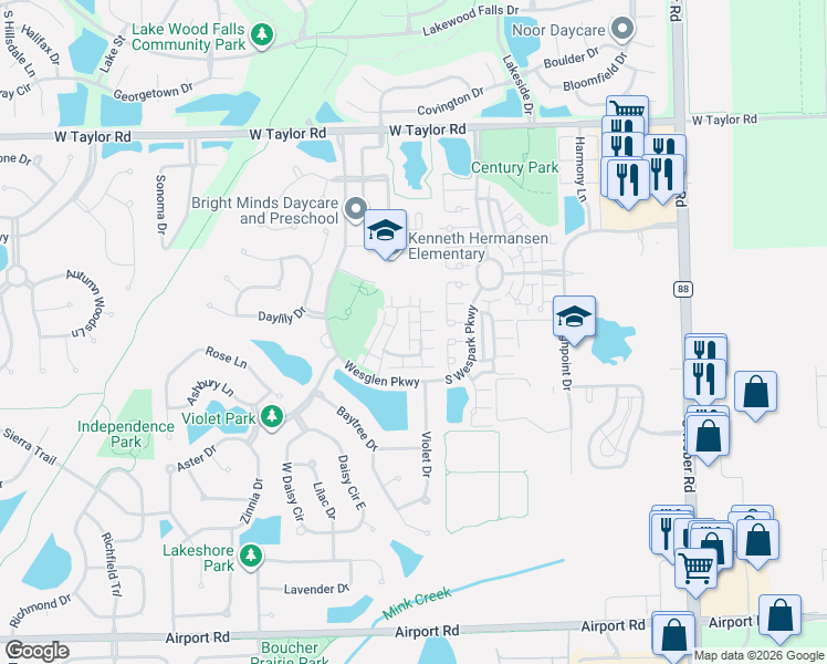 map of restaurants, bars, coffee shops, grocery stores, and more near 101 Azalea Circle in Romeoville