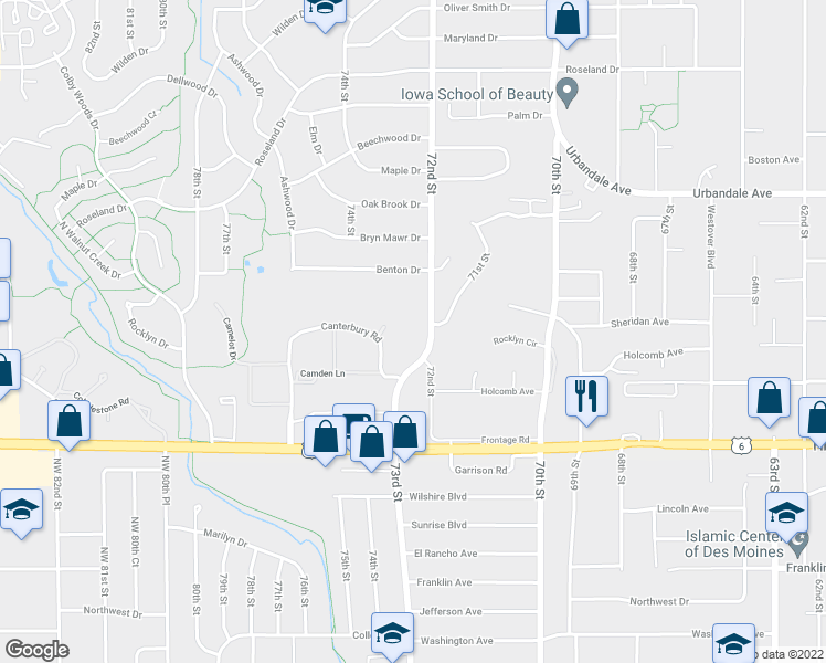 map of restaurants, bars, coffee shops, grocery stores, and more near 2600 72nd Street in Urbandale
