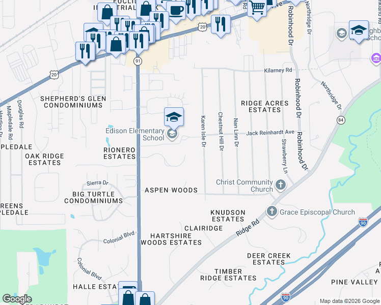 map of restaurants, bars, coffee shops, grocery stores, and more near 5370 Karen Isle Drive in Willoughby
