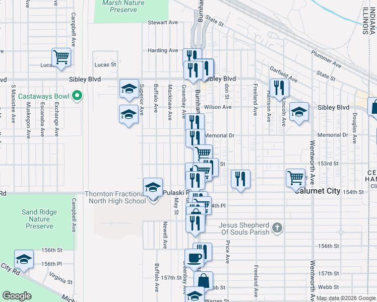 map of restaurants, bars, coffee shops, grocery stores, and more near 620 153rd Street in Calumet City