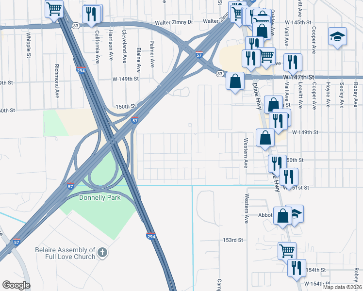 map of restaurants, bars, coffee shops, grocery stores, and more near 425 West 150th Street in Harvey