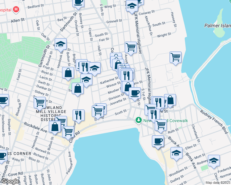 map of restaurants, bars, coffee shops, grocery stores, and more near 152 Division Street in New Bedford
