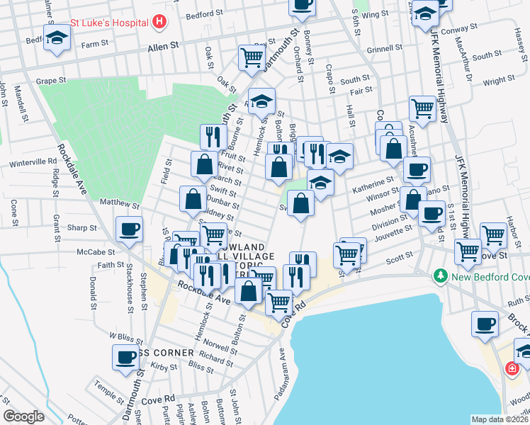 map of restaurants, bars, coffee shops, grocery stores, and more near 17 Dunbar Street in New Bedford