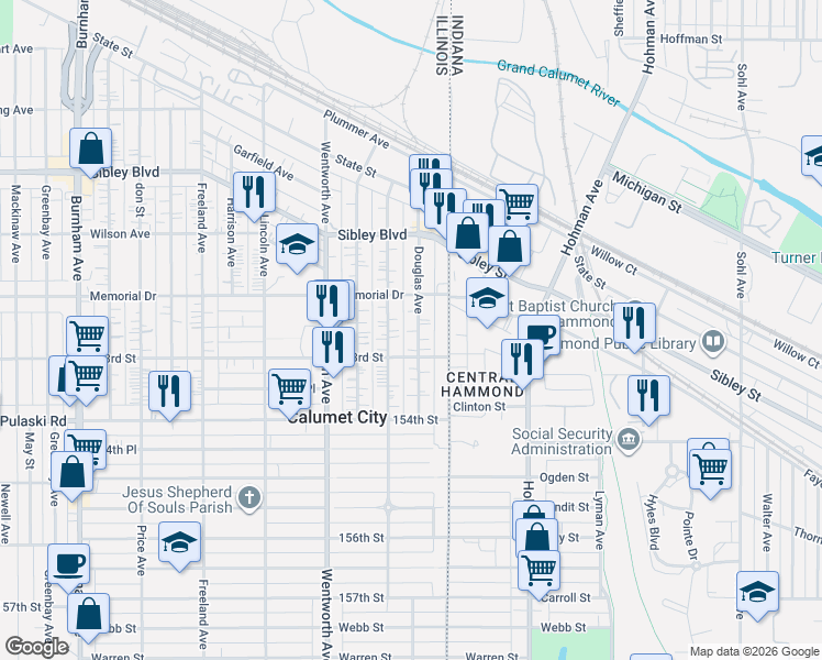 map of restaurants, bars, coffee shops, grocery stores, and more near 608 Douglas Avenue in Calumet City
