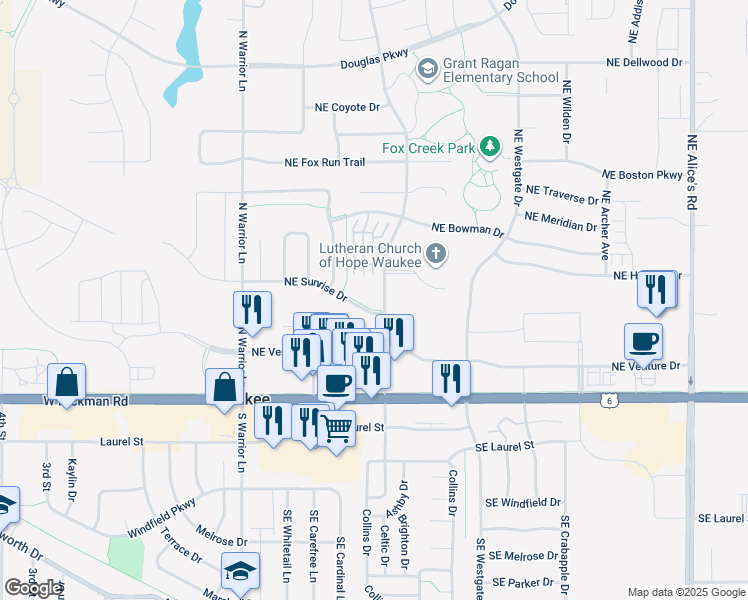 map of restaurants, bars, coffee shops, grocery stores, and more near 230 Northeast Dartmoor Drive in Waukee