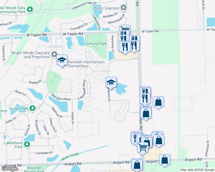 map of restaurants, bars, coffee shops, grocery stores, and more near 160 South Highpoint Drive in Romeoville