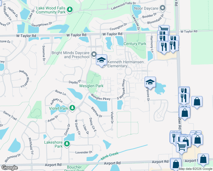 map of restaurants, bars, coffee shops, grocery stores, and more near 101 Azalea Circle in Romeoville