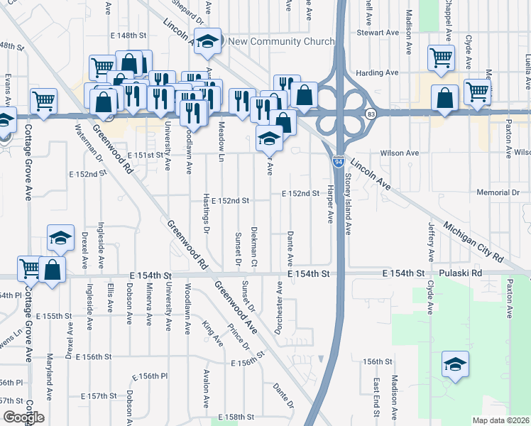 map of restaurants, bars, coffee shops, grocery stores, and more near 15214 Dorchester Avenue in Dolton