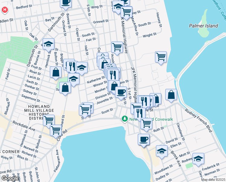 map of restaurants, bars, coffee shops, grocery stores, and more near 14 Jouvette Street in New Bedford