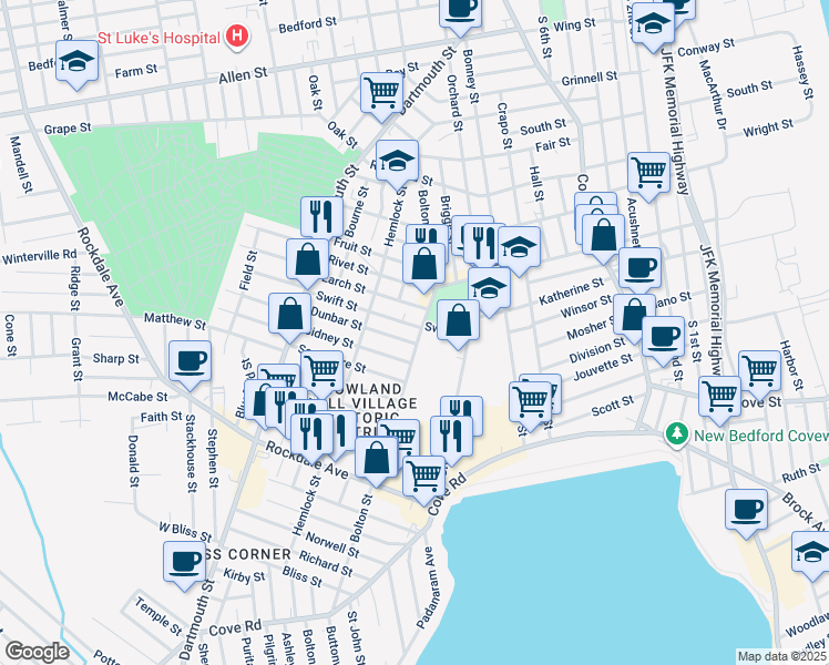 map of restaurants, bars, coffee shops, grocery stores, and more near 17 Sidney Street in New Bedford