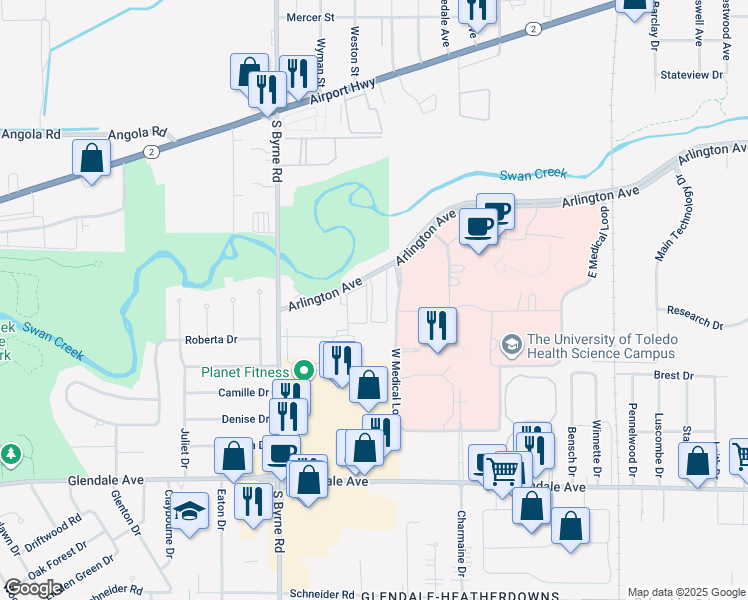 map of restaurants, bars, coffee shops, grocery stores, and more near 3319 Arlington Avenue in Toledo