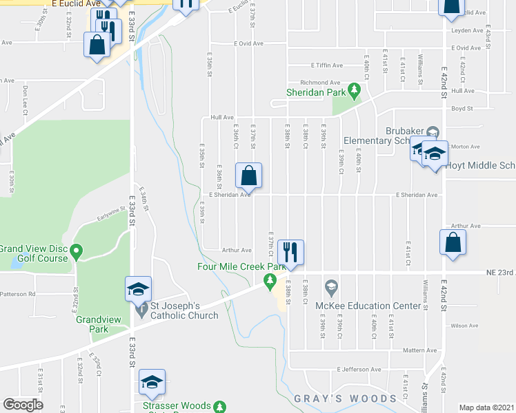 map of restaurants, bars, coffee shops, grocery stores, and more near 2418 East 37th Court in Des Moines