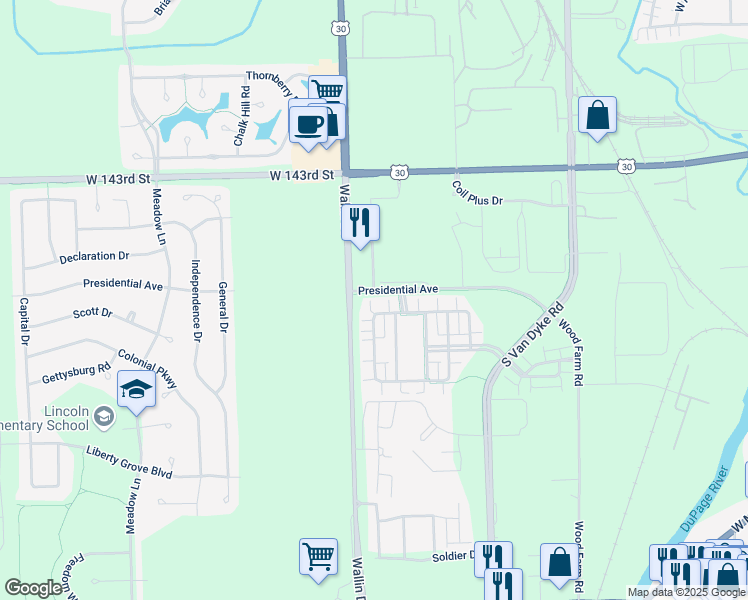 map of restaurants, bars, coffee shops, grocery stores, and more near 24720 George Washington Drive in Plainfield