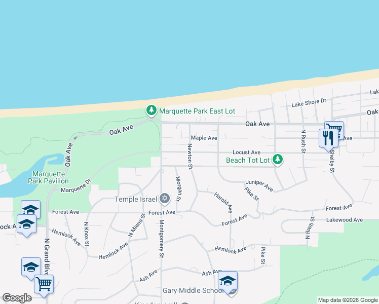 map of restaurants, bars, coffee shops, grocery stores, and more near 901 Newton Street in Gary