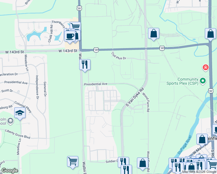 map of restaurants, bars, coffee shops, grocery stores, and more near 14515 Patriot Square Drive East in Plainfield