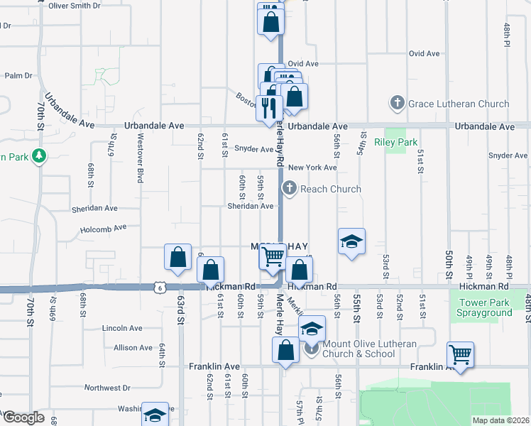 map of restaurants, bars, coffee shops, grocery stores, and more near 2523 59th Street in Des Moines